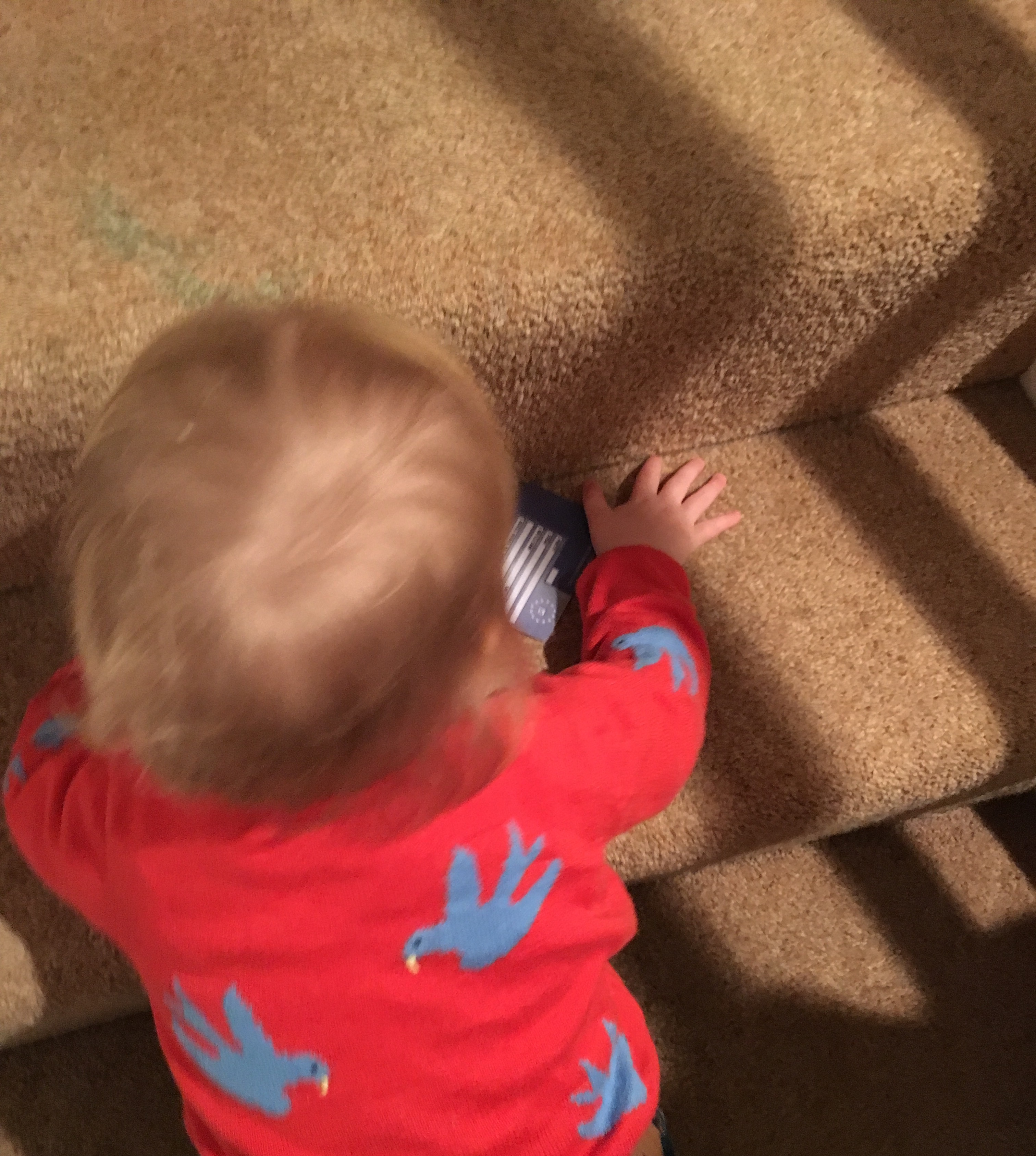 A toddler climbs stairs while she plays with a blue card